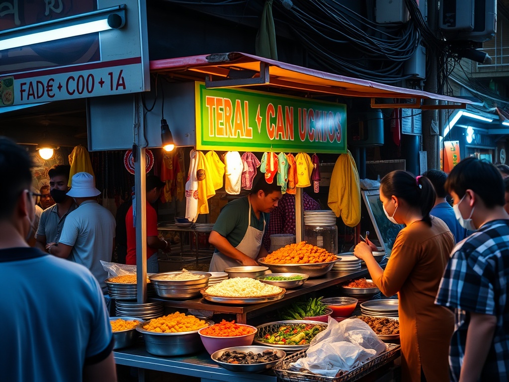 street food vendor serving local dishes with vibrant colors and busy atmosphere