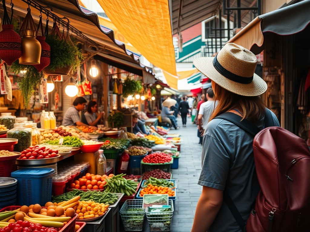 traveler exploring local street market with colorful stalls and fresh food
