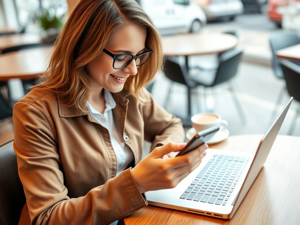 traveler reviewing expenses on phone at cafe with coffee and notebook