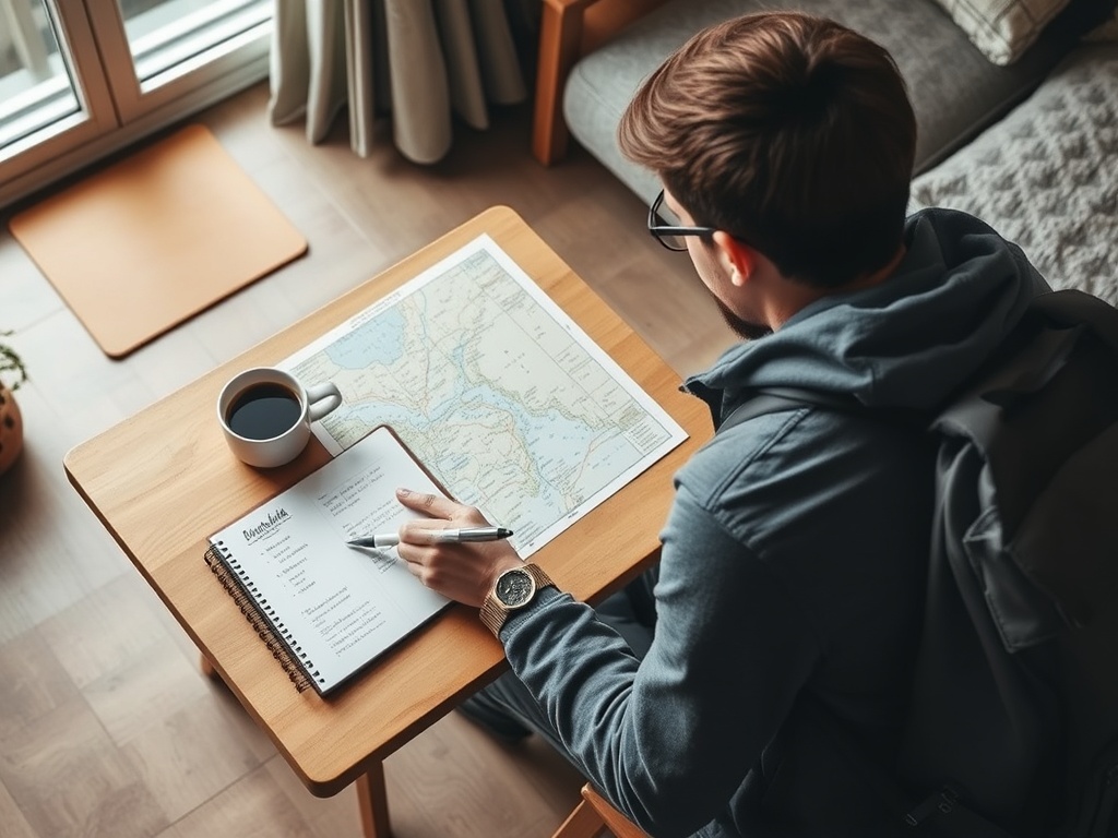backpacker planning trip with notebook, budget notes, coffee, and map spread across a small table in a cozy hostel