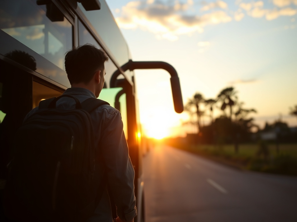 budget traveler boarding a bus at sunset with backpack, minimal luggage, ready for overnight journey
