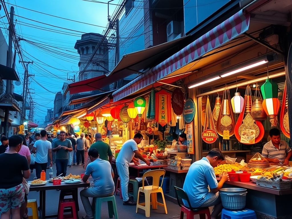 colorful street market with affordable food stalls, locals eating, vibrant atmosphere in a budget-friendly destination