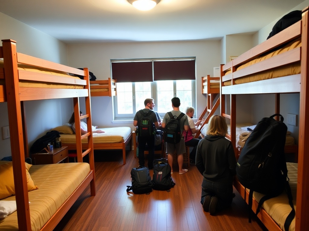 cozy hostel dorm room with bunk beds, travelers chatting, backpacks neatly arranged