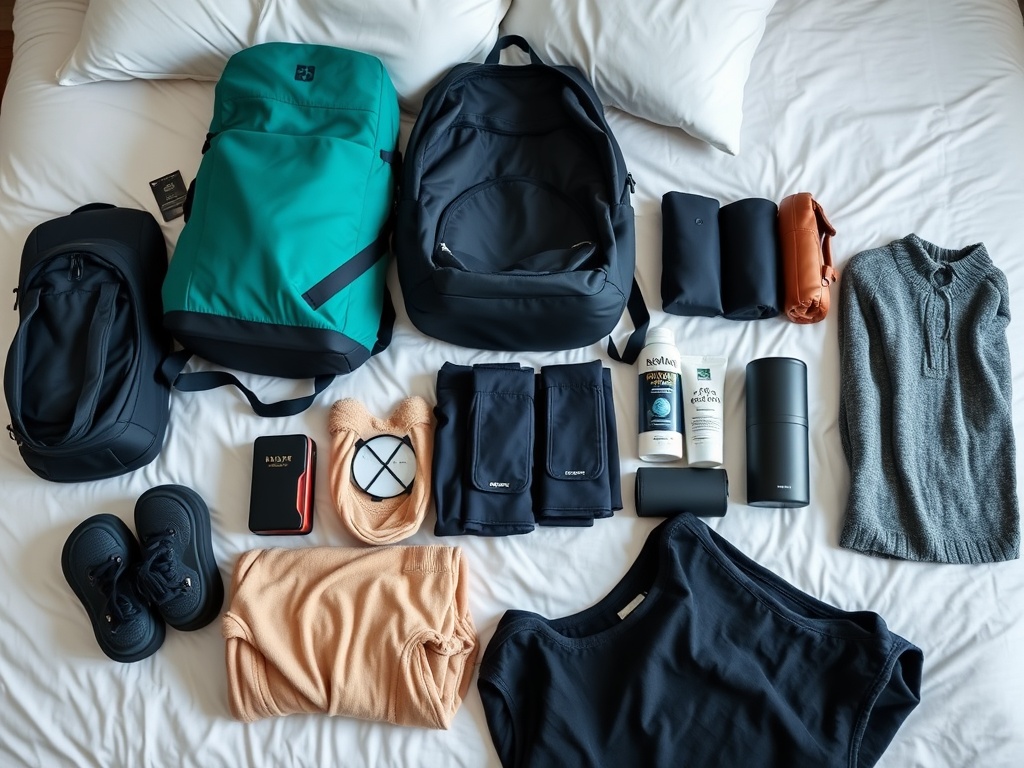 minimalist travel gear laid out on bed including backpack, clothes, and essentials for budget trip