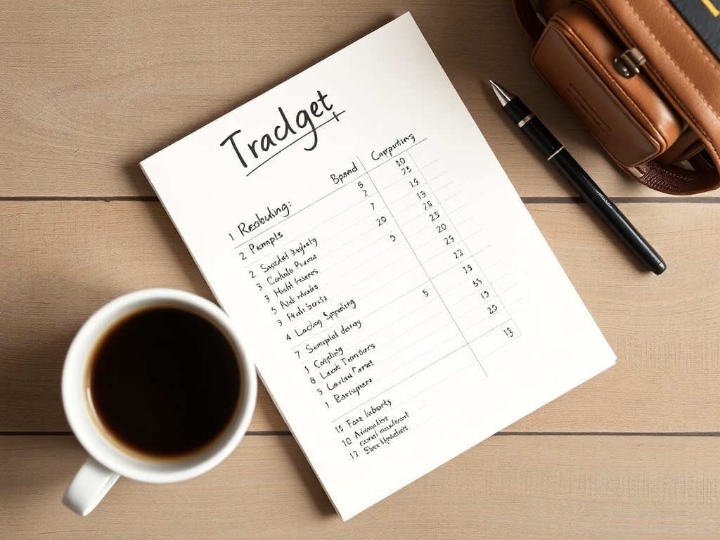 simple travel budget written in notebook showing daily spending categories with coffee and pen beside it