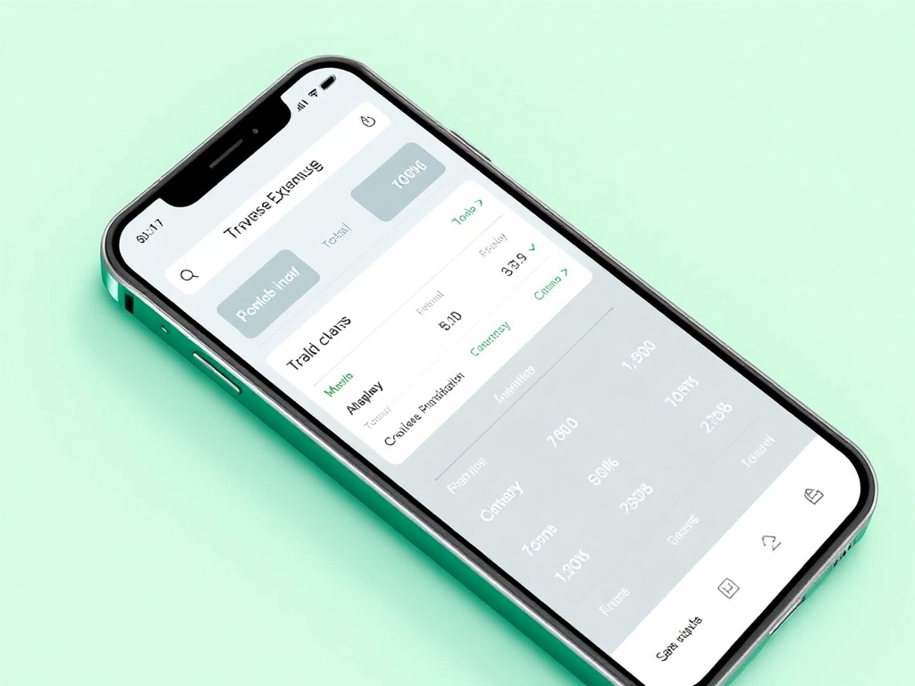 smartphone displaying travel expense tracker app with categories and totals, minimalistic interface