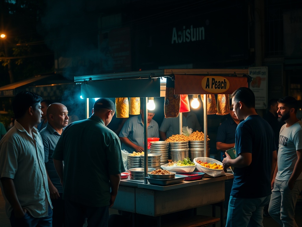 street food vendor serving fresh affordable meals with locals gathered around, lively evening setting