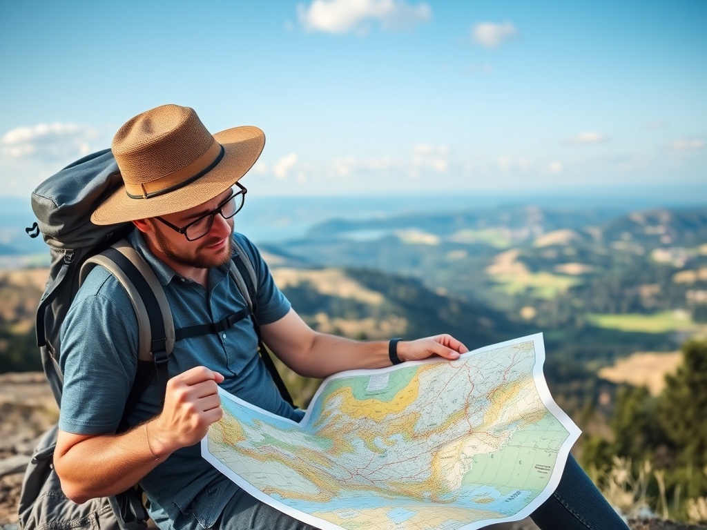 traveler adjusting itinerary on map while sitting outdoors with backpack and scenic background