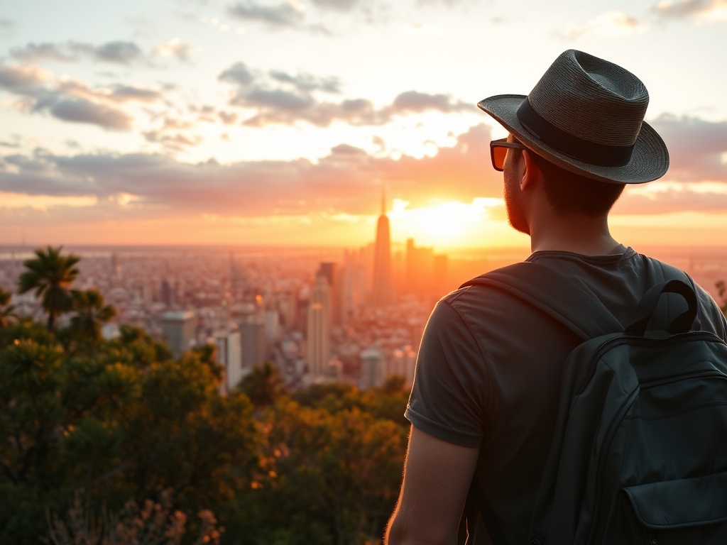 traveler watching sunset from scenic viewpoint overlooking city skyline with warm golden light