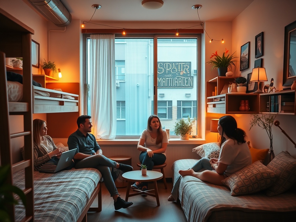 cozy budget hostel interior with travelers chatting, warm ambient lighting, modern decor