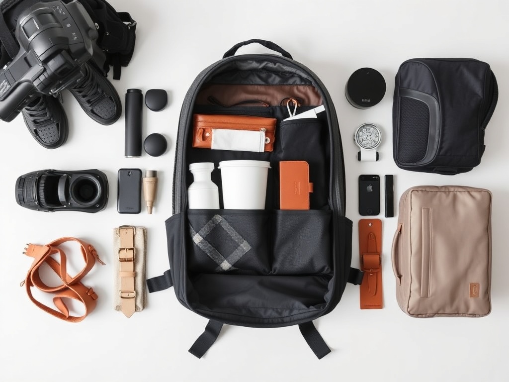 minimalist travel backpack neatly packed with essentials, flat lay style, clean aesthetic