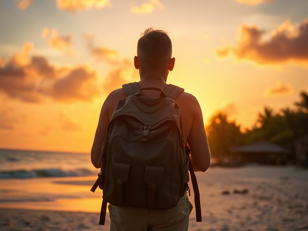 sunset over a tropical beach with budget traveler backpack, warm colors, cinematic lighting