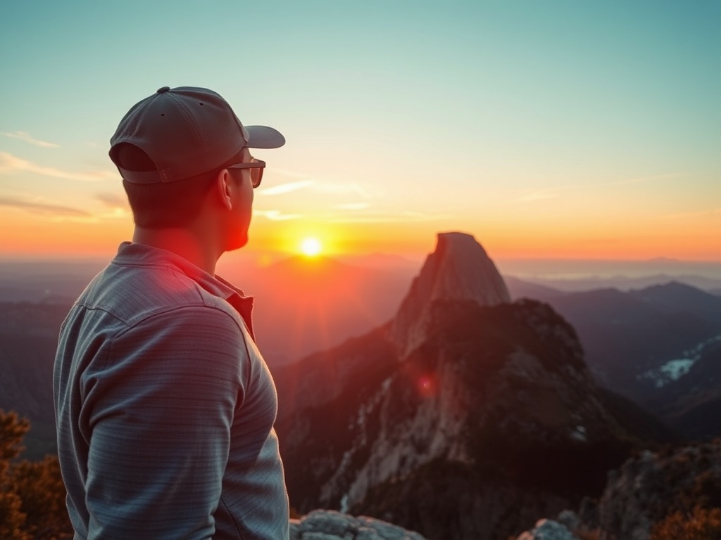 traveler overlooking scenic mountain viewpoint at sunrise, sense of freedom and adventure