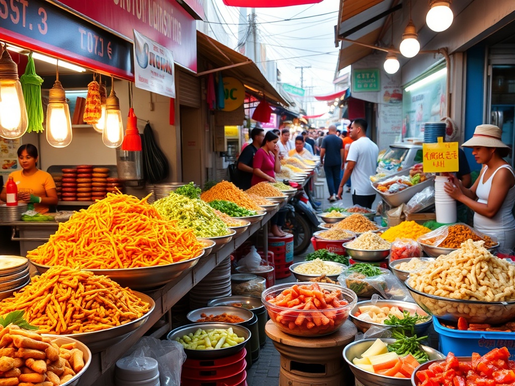vibrant street food market with colorful dishes, busy atmosphere, authentic local vibe