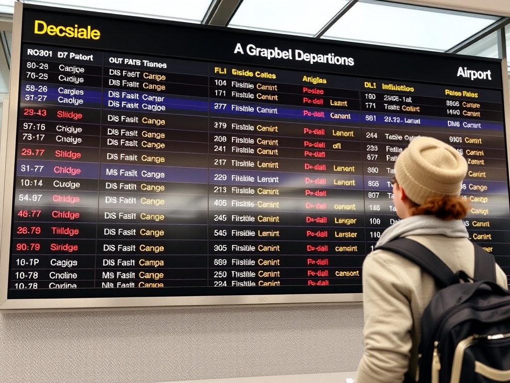 airport departure board with multiple destinations and a traveler checking flexible flight options