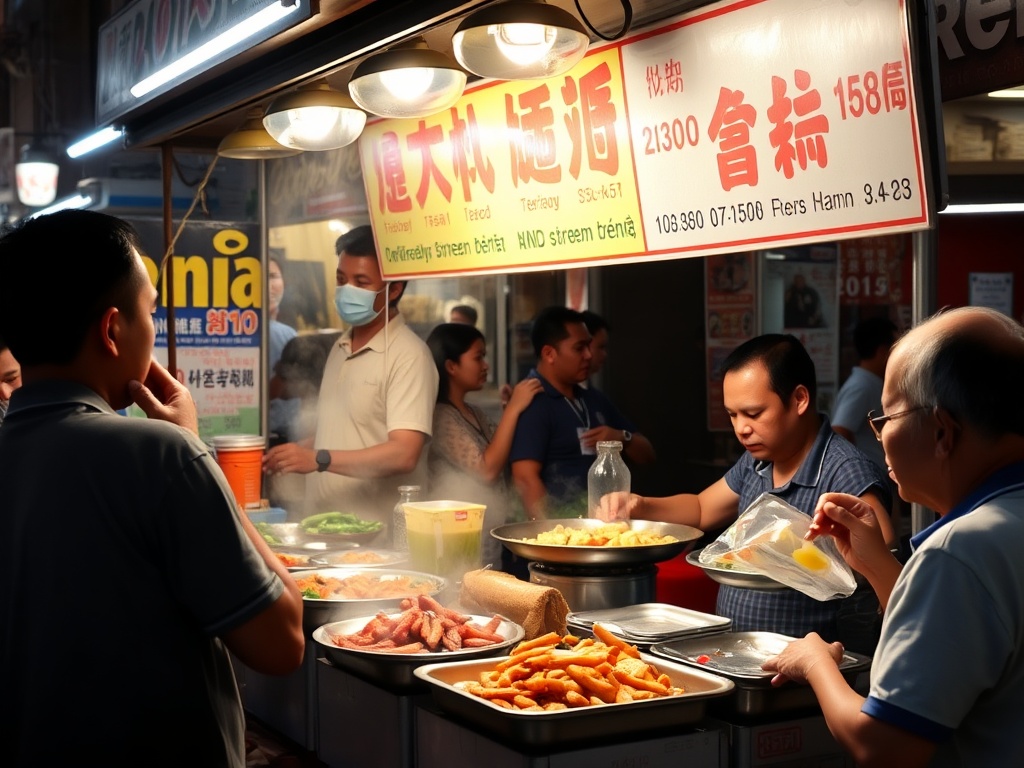 busy local street food stall with sizzling dishes, locals eating, and vibrant night market atmosphere
