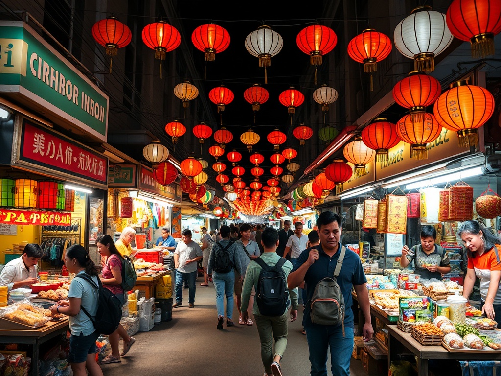 colorful street market in Southeast Asia with lanterns, local food stalls, and travelers exploring on a budget