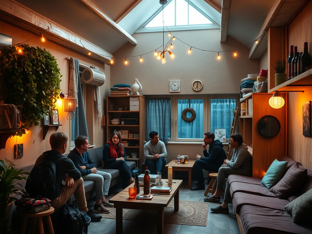 cozy budget hostel common area with travelers chatting, backpacks, and warm lighting