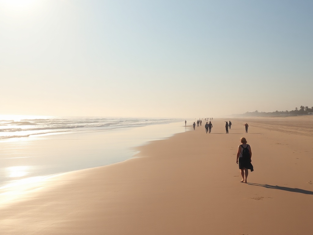 empty beach during shoulder season with soft sunlight and a few travelers enjoying quiet scenery
