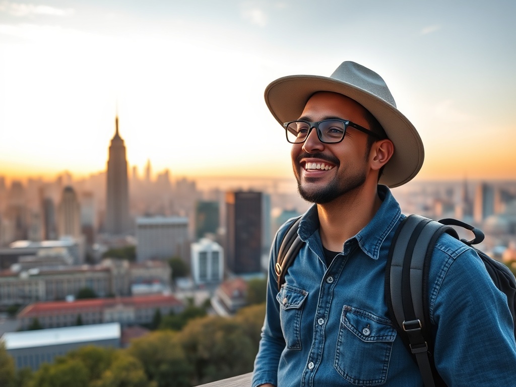 happy traveler overlooking scenic city skyline at sunrise, symbolizing affordable yet fulfilling travel
