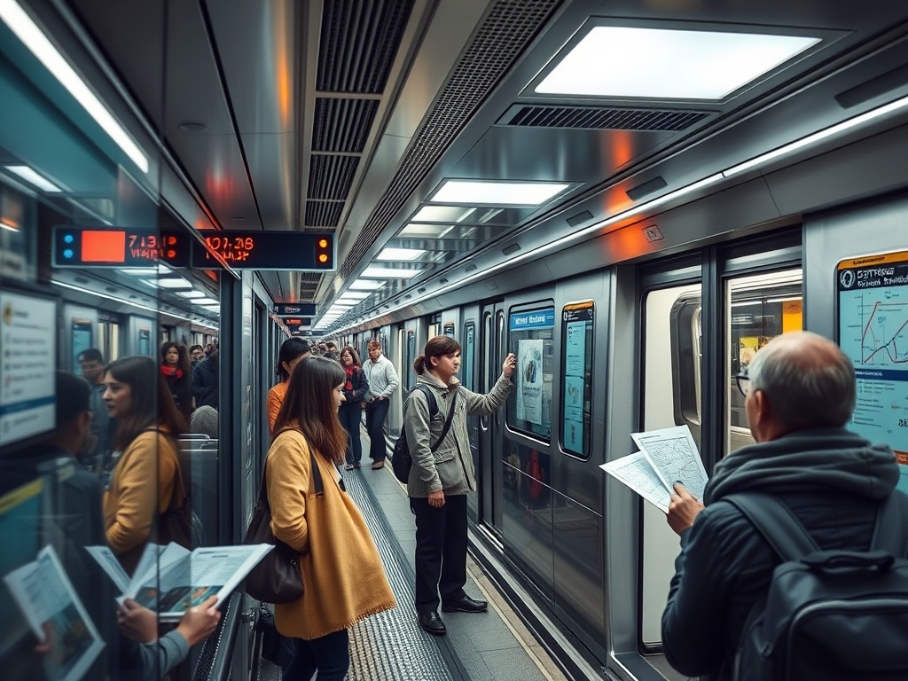 modern subway train with commuters and travelers navigating city transit maps