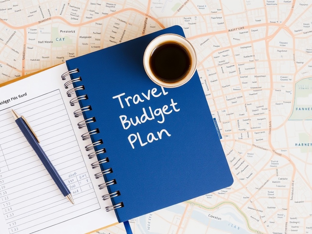 notebook with daily travel budget plan, coffee, and city map on a table