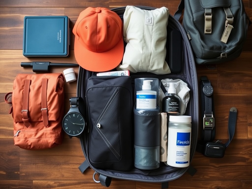 organized travel backpack with essentials neatly packed for minimalist budget travel