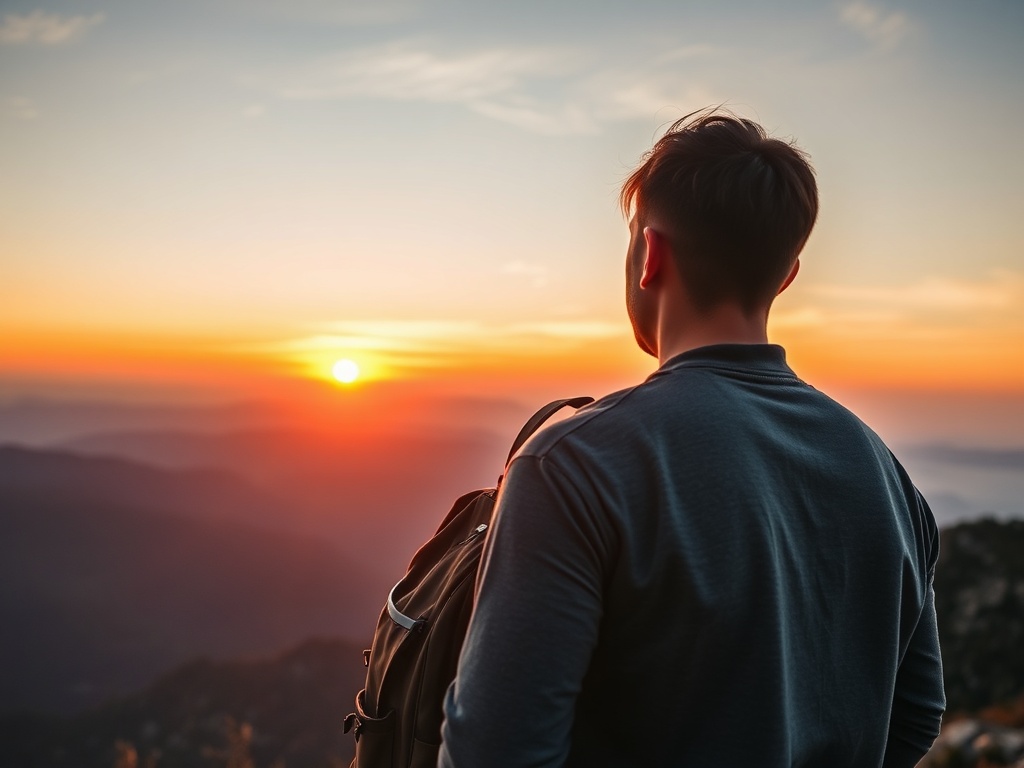 traveler watching sunset over mountains with backpack, emphasizing meaningful travel experience