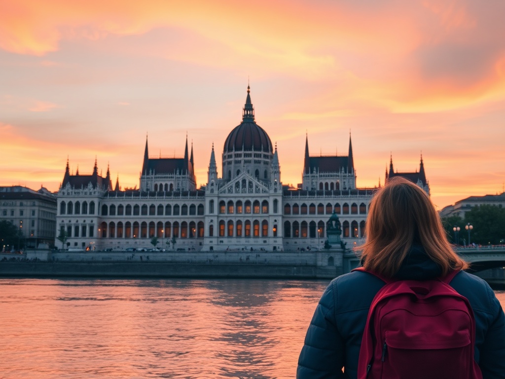 budget traveler exploring Budapest البرلمان building at sunset with river reflections and backpack, vibrant colors