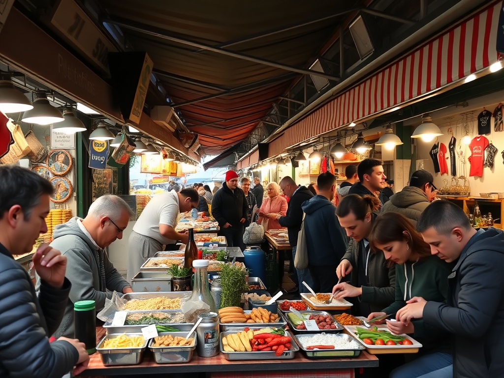 colorful European street food market with locals eating affordable meals, lively and authentic