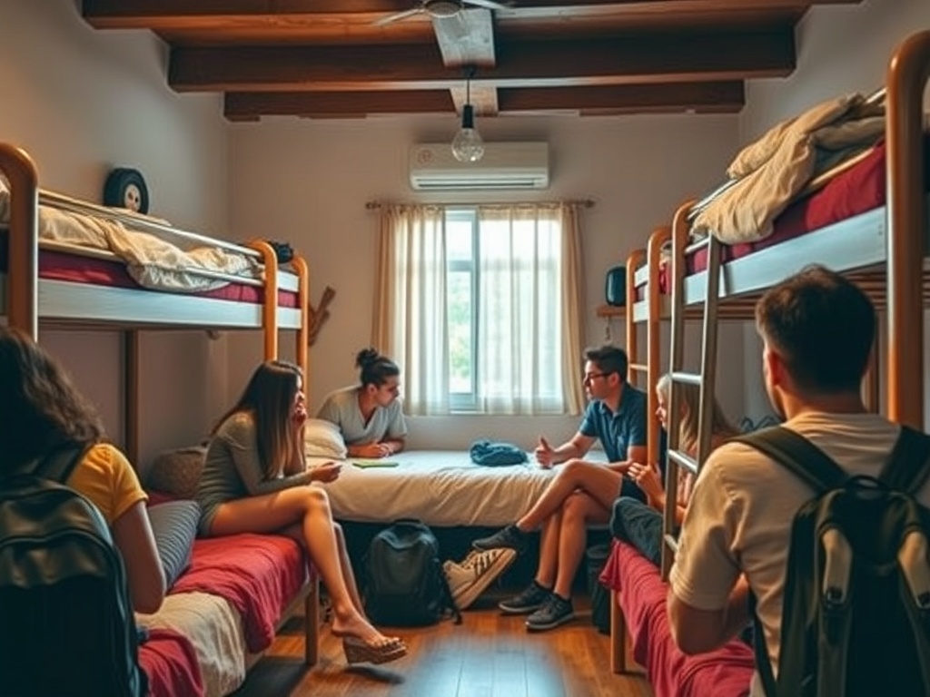 cozy hostel dorm with travelers chatting, backpacks and soft lighting, friendly atmosphere