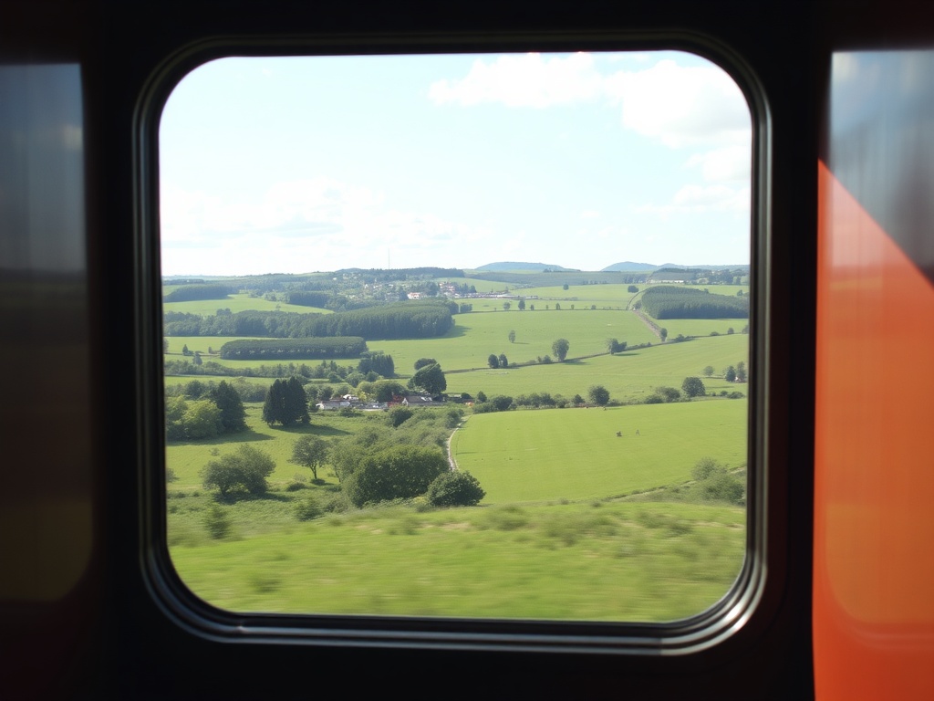 green countryside view from a slow European train window, peaceful landscape, budget travel vibe