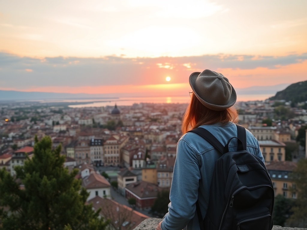 traveler overlooking scenic European city viewpoint at sunset, peaceful and inspiring