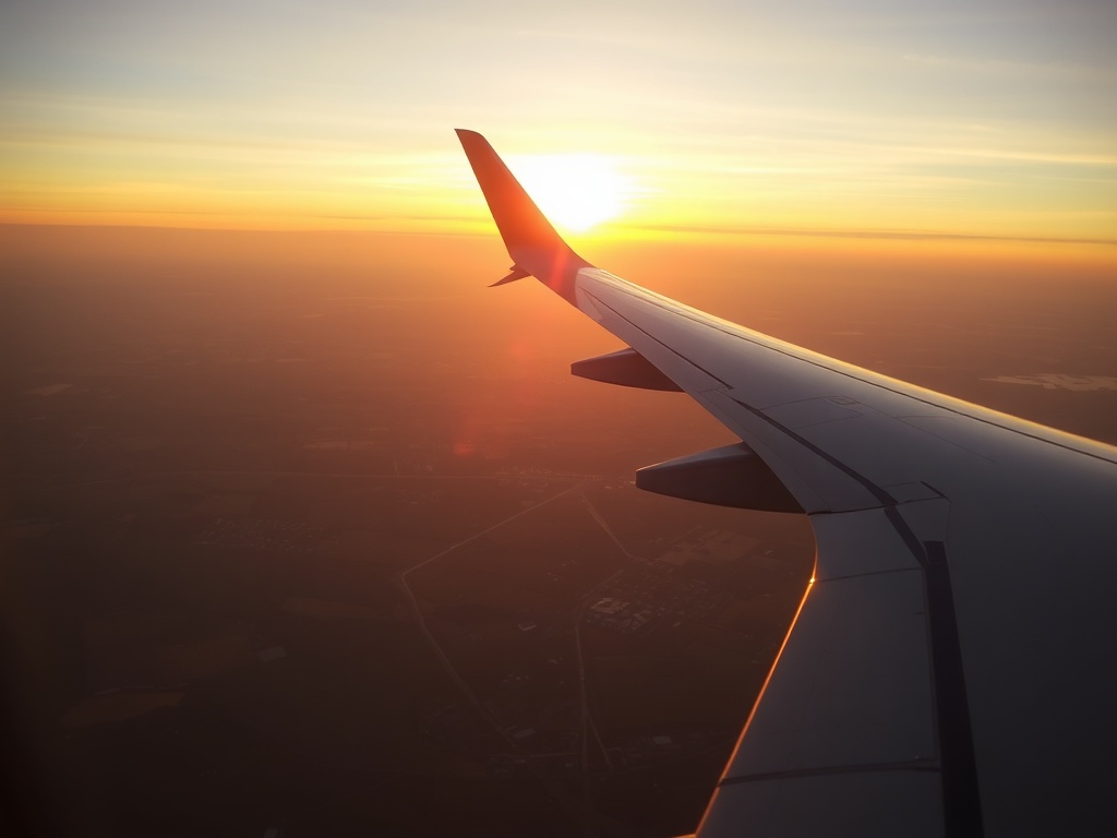 airplane wing above Europe landscape at sunrise, budget travel concept, soft golden light, minimalistic aesthetic