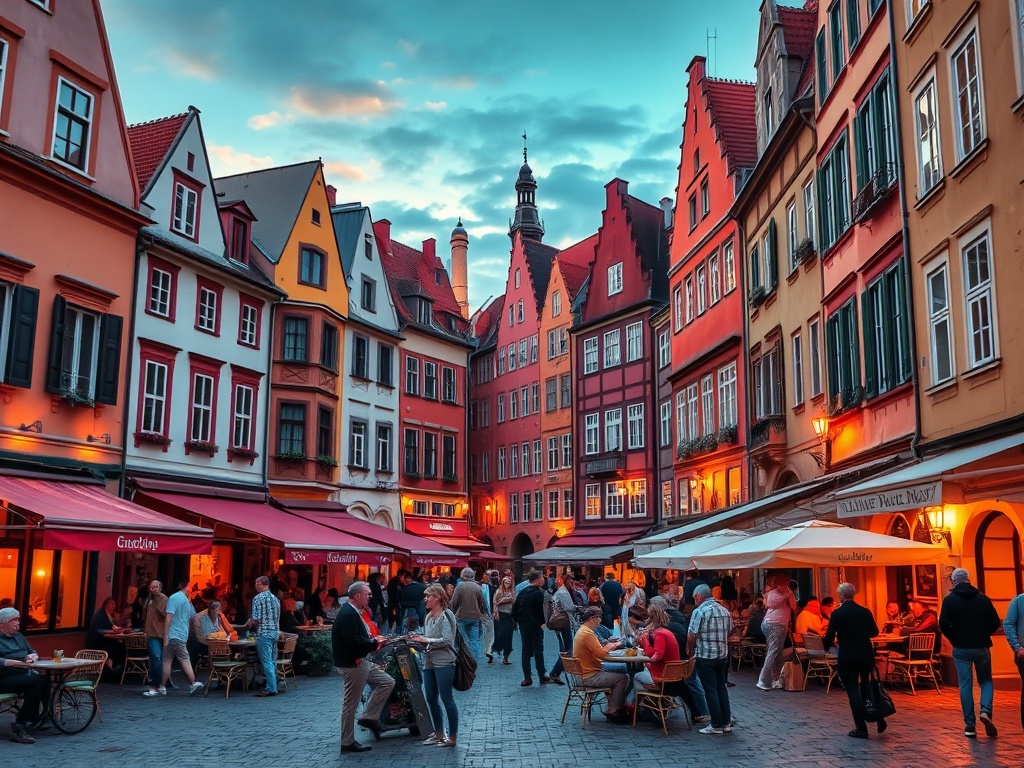 colorful European old town square with cafes, budget travelers, lively but affordable atmosphere, warm sunset lighting