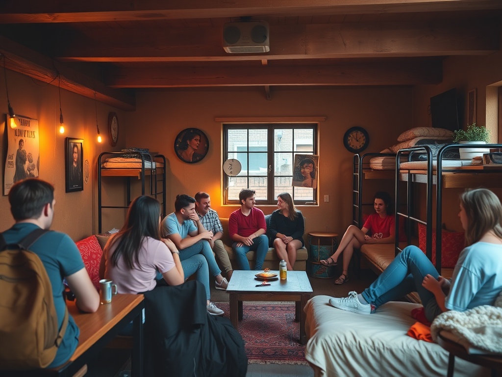 cozy hostel common room with travelers chatting, warm lighting, backpacks, affordable travel vibe