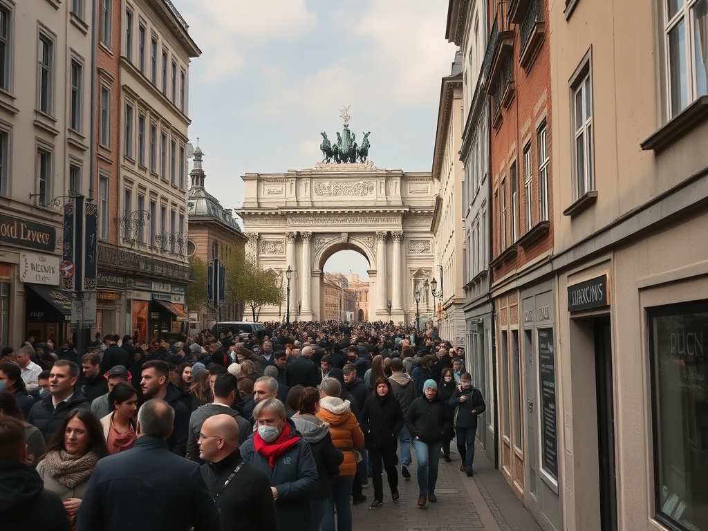 crowded European landmark with long lines, contrast with quiet hidden street nearby, storytelling composition