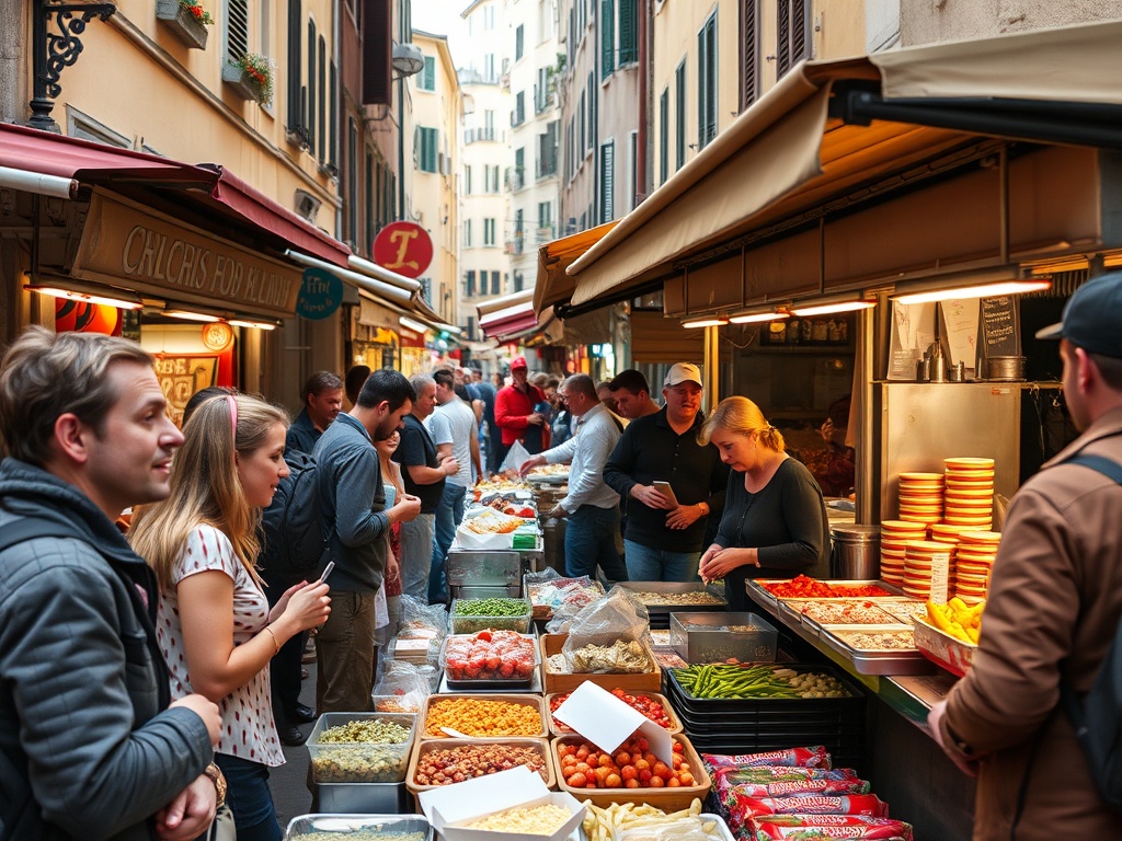 European street food market with locals and travelers, vibrant food stalls, affordable meals, candid scene