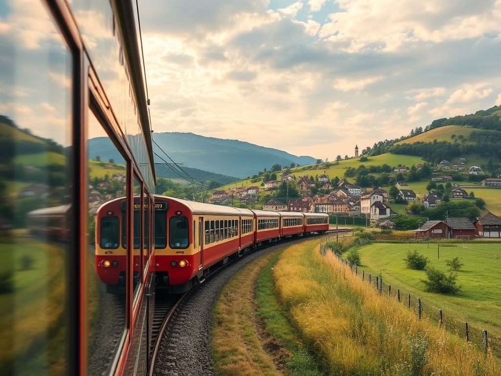 European train passing through countryside, scenic hills and villages, affordable travel aesthetic