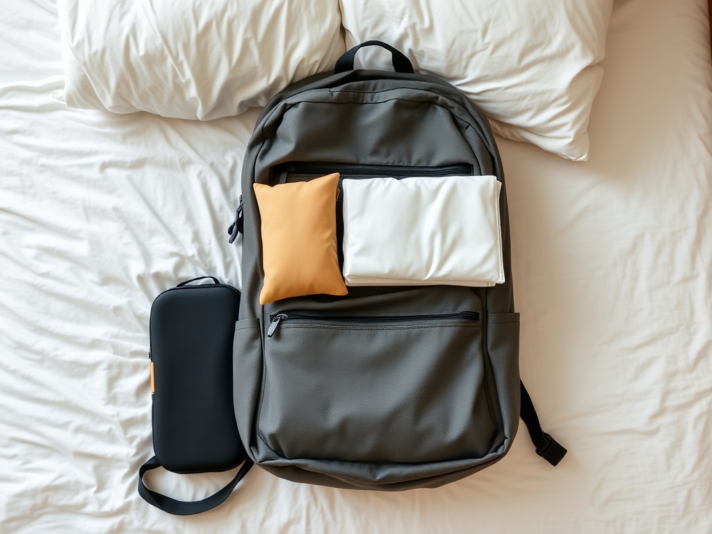 minimalist travel backpack packed neatly on bed, travel essentials, clean aesthetic