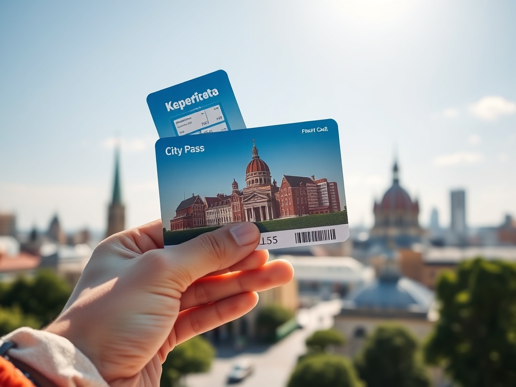 tourist holding city pass card with landmarks in background, travel savings concept, bright daylight