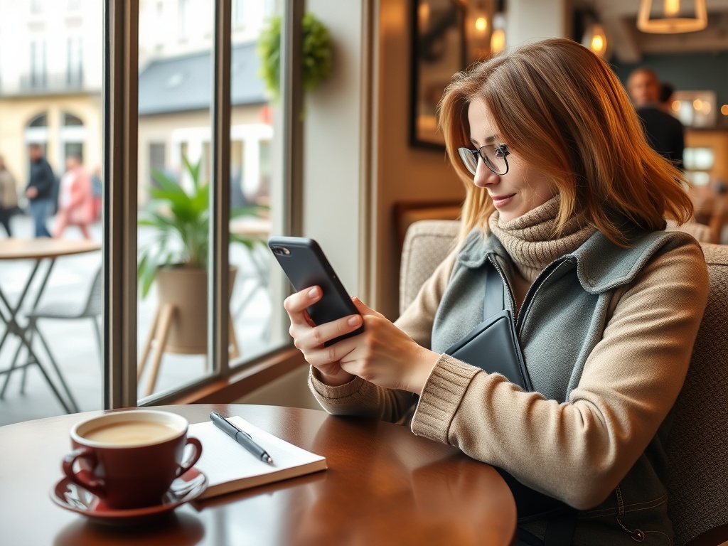traveler budgeting on phone in European cafe, coffee and notebook, relaxed planning vibe