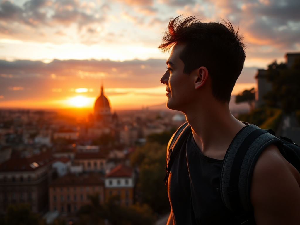 young traveler overlooking European city skyline at sunset, sense of freedom and accomplishment, cinematic lighting