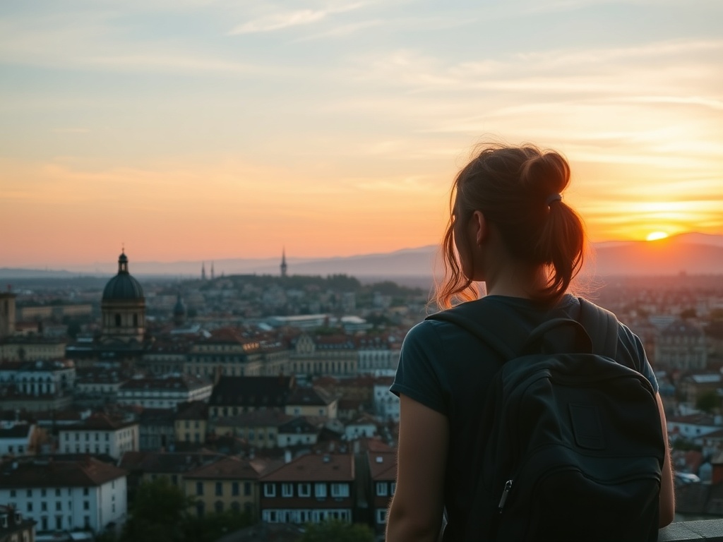 backpacker overlooking european city skyline sunset budget travel aesthetic