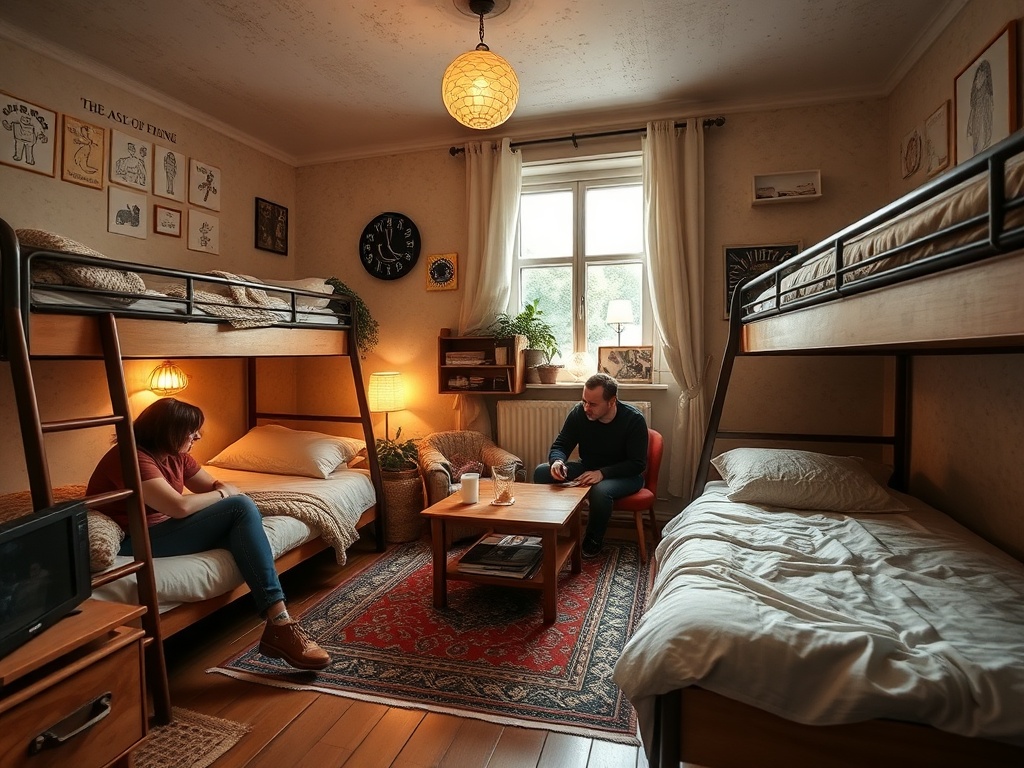 cozy hostel common room travelers socializing budget europe trip