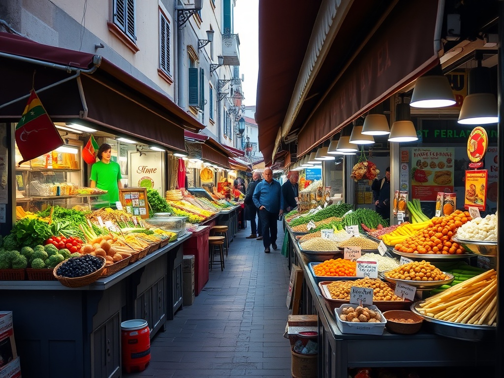 european street market food colorful stalls local cuisine budget travel