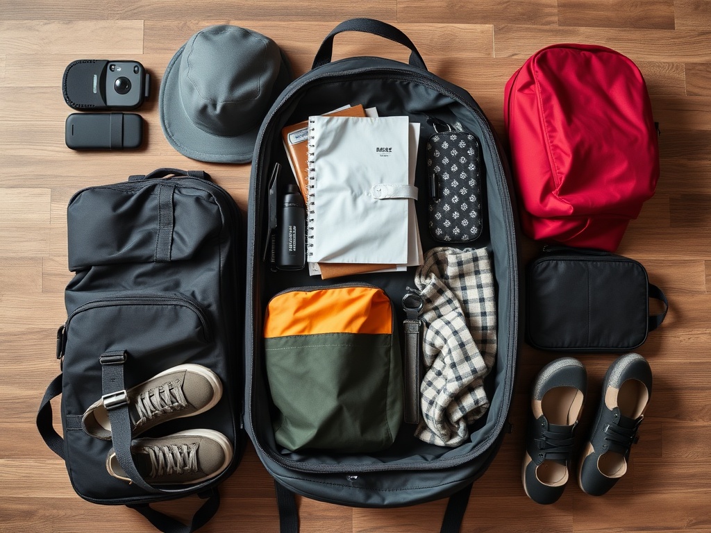 packing backpack minimalist travel gear flat lay budget trip essentials