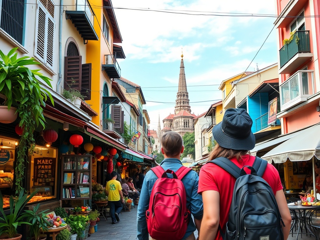 backpacker exploring a colorful budget-friendly city with street markets and local cafes, vibrant yet affordable destination
