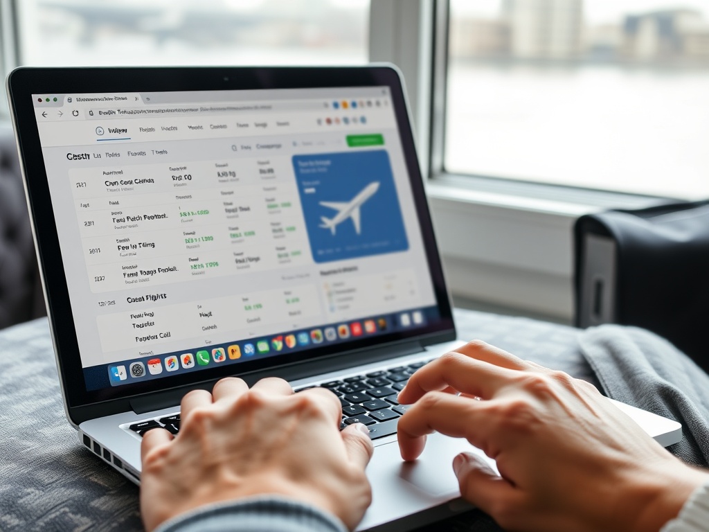 budget traveler booking cheap flights on laptop with multiple tabs open, comparing fares and travel dates