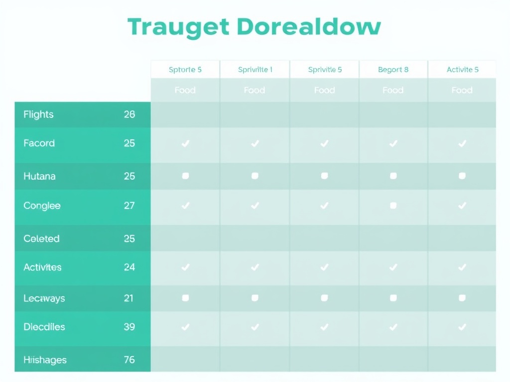 clean travel budget breakdown chart with categories like flights, accommodation, food, activities